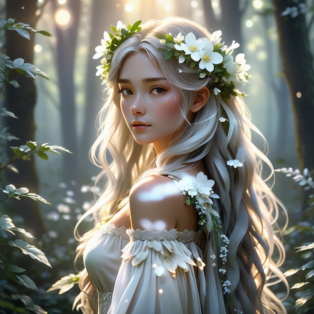 Anime Woman with Flowers in Misty Forest