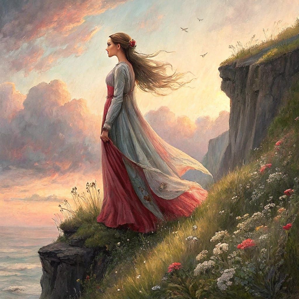 Romantic Oil Painting of Woman on Cliff