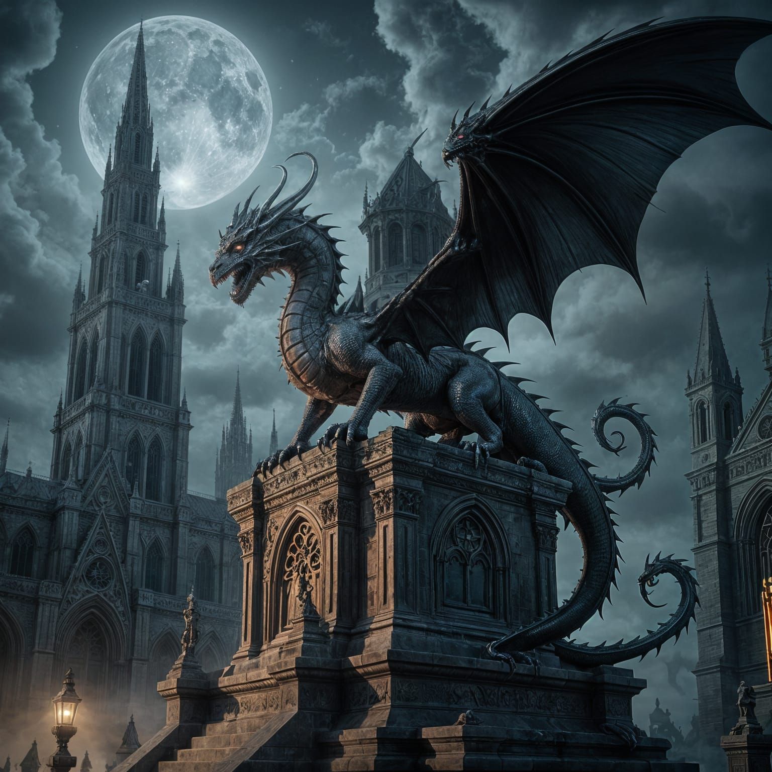 Chrome Dragon Perched on Gothic Cathedral in Moonlight