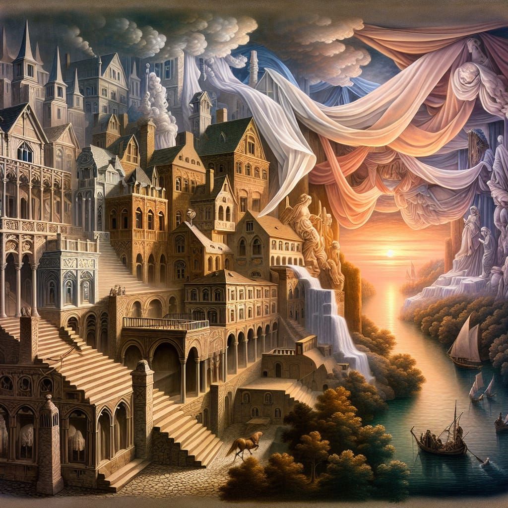 Medieval Scene with Romantic Landscape in Trompe L'oeil