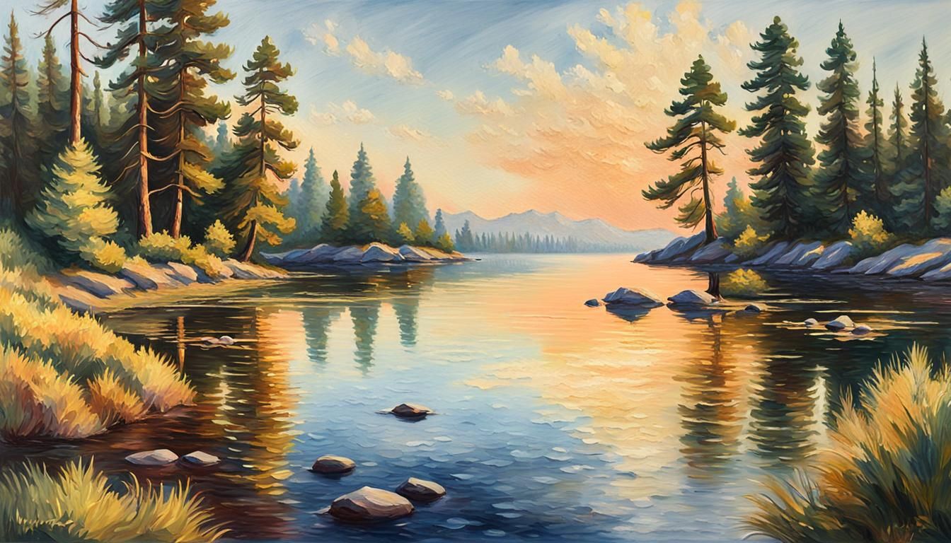 Golden Hour Lake: An Oil Painting Masterpiece
