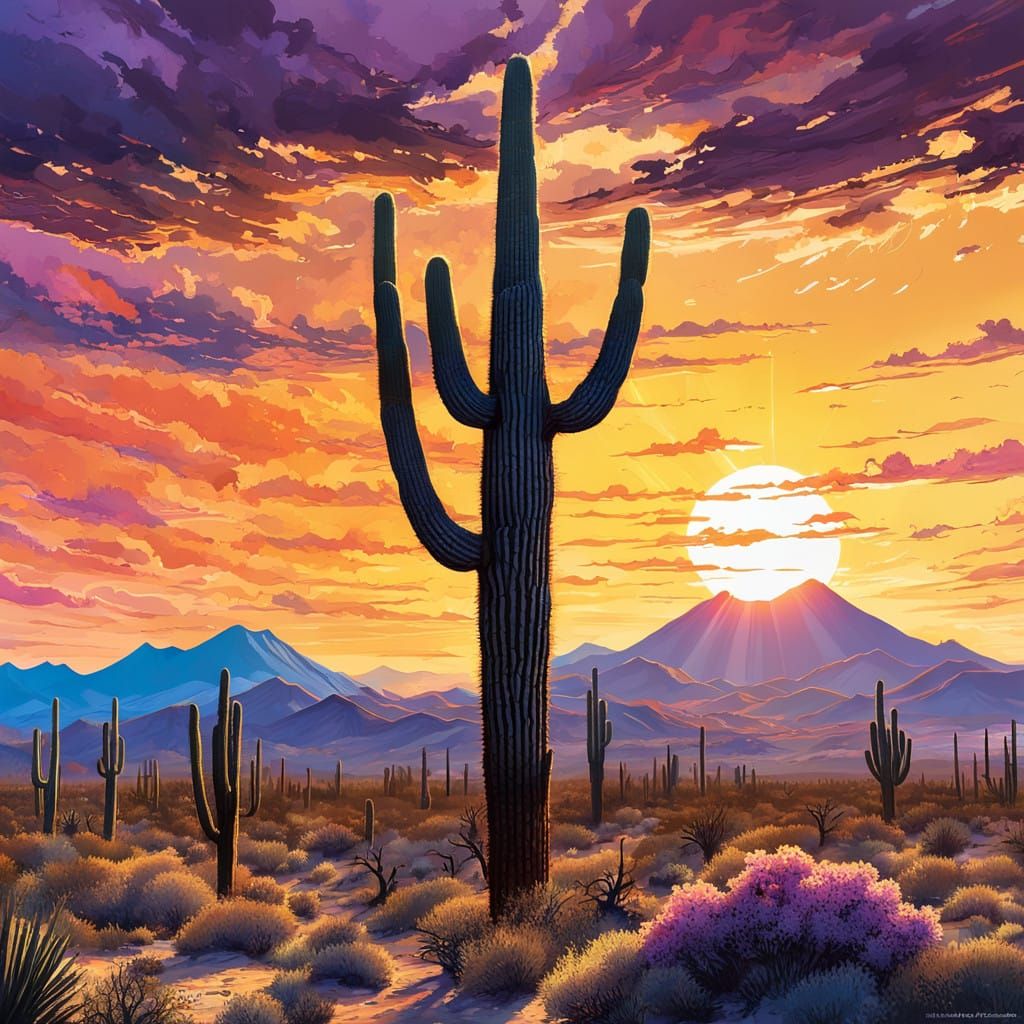 Saguaro Cactus Under Breathtaking Sunset in Saguaro National...