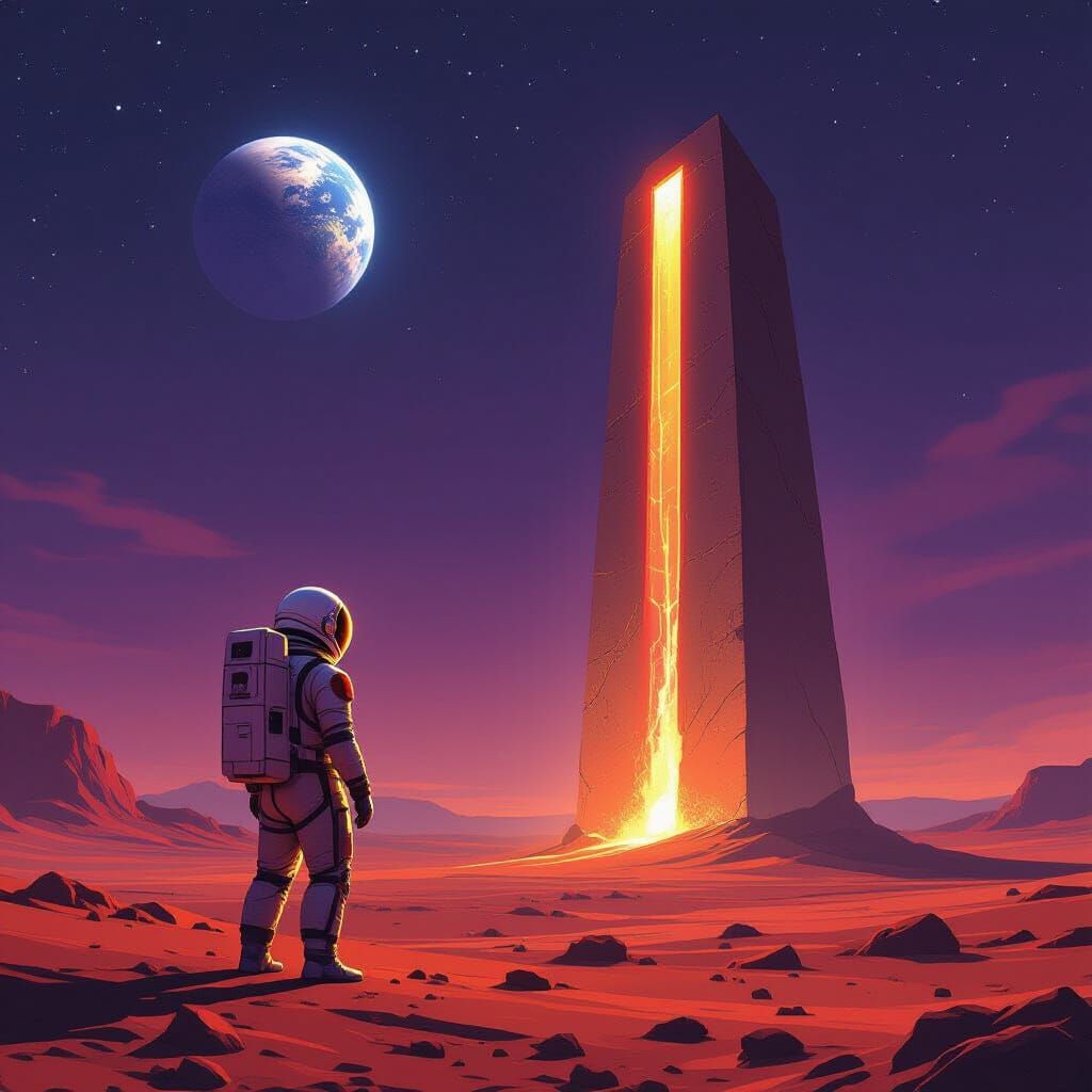 Astronaut on Mars Gazes at Alien Monolith in Twilight