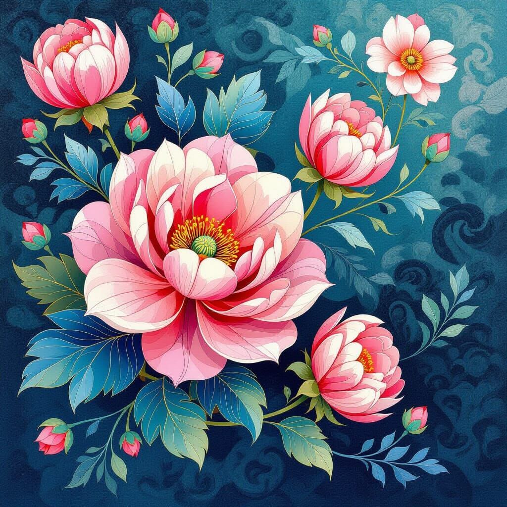 Dreamlike Floral Composition in Gouache Style