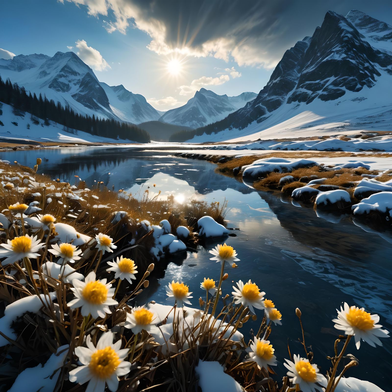 Icy Lake with Snow-Covered Flowers