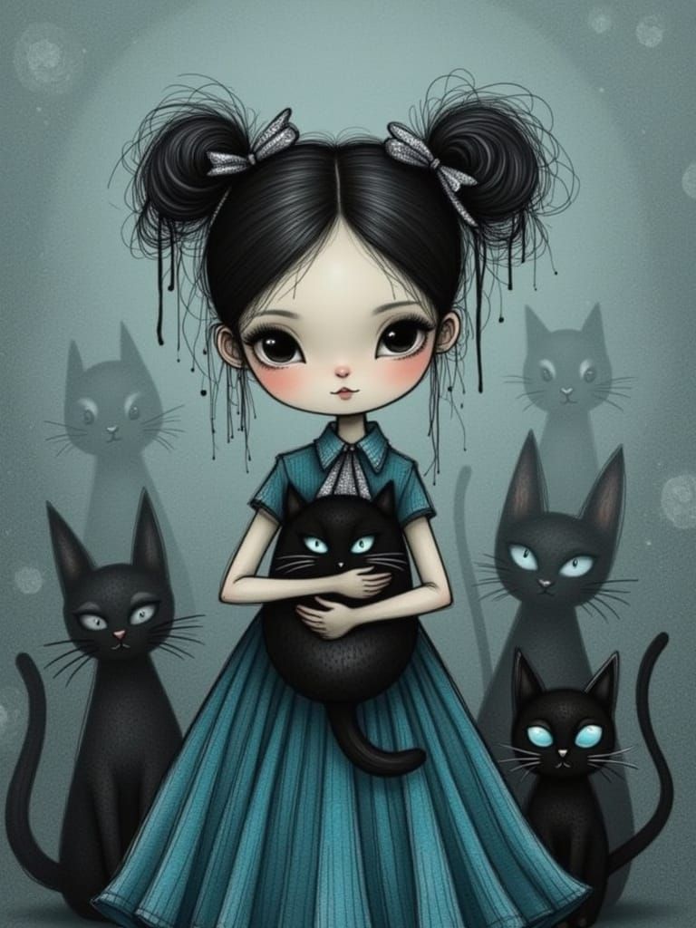 Ethereal Girl with Cats in Burton-esque Style