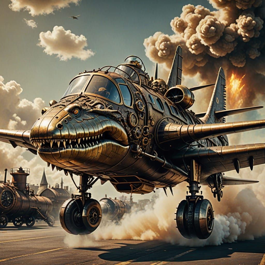 Steampunk Crocodile Bomber Aircraft in Vintage Style
