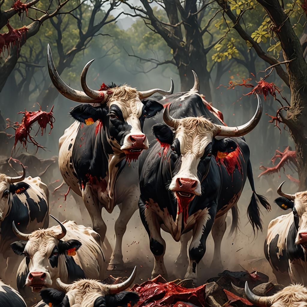 Evil Monster Cow with Bloody Fur in Ultra-Realistic Style