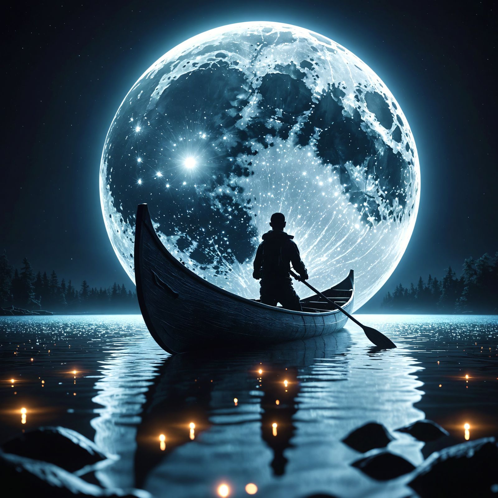 Silhouette on Canoe Under Neon Moon in Dark Fantasy Style