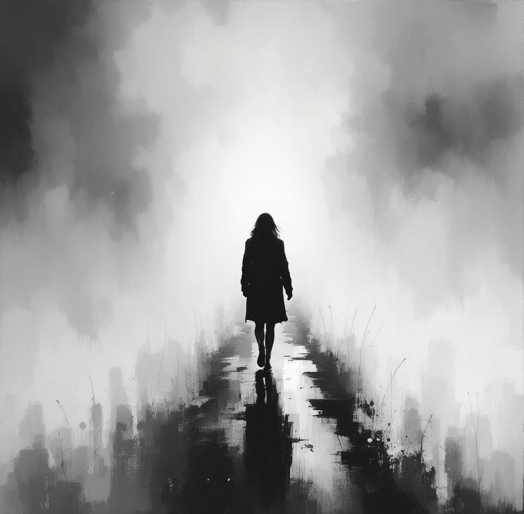 Misty Path Figure in Thick Impasto Swirls