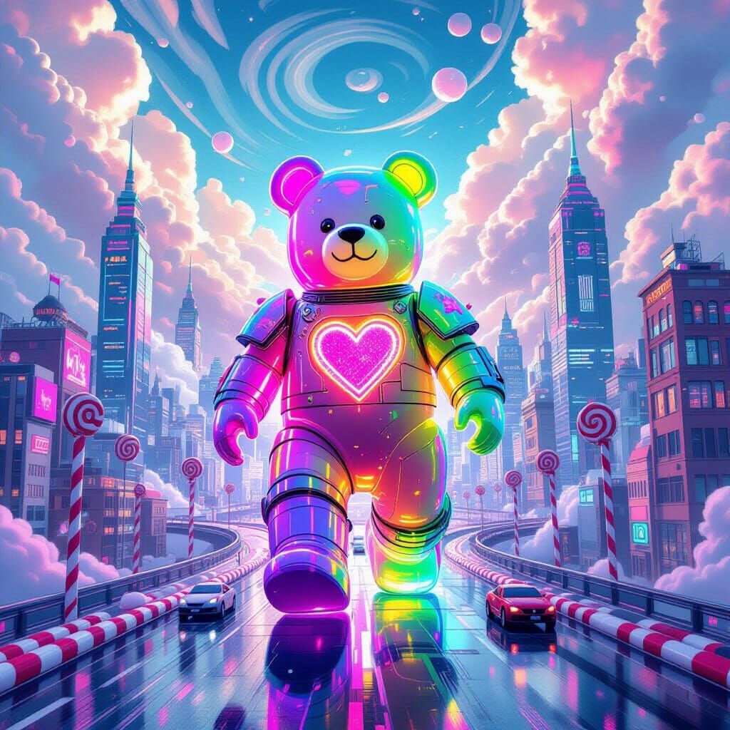 Colossal Gummy Bear in Futuristic Candy Metropolis