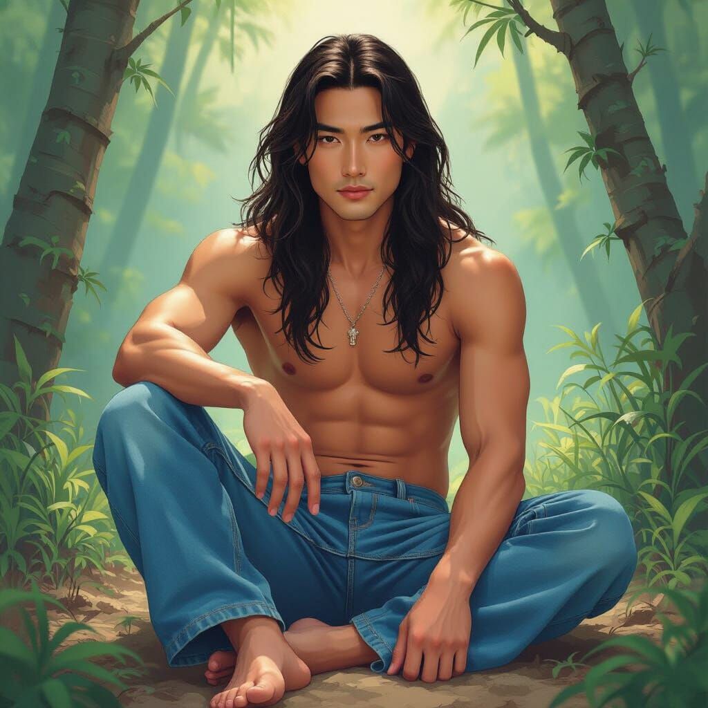 Young Thai Man in Blue Jeans, Barefoot in Nature