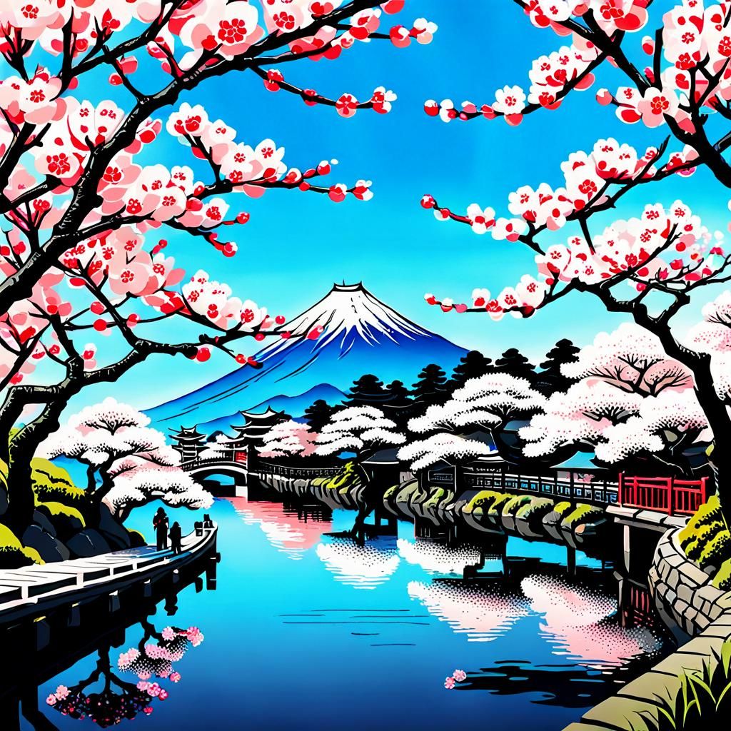 Ukiyo-e Cherry Blossoms in Traditional Style
