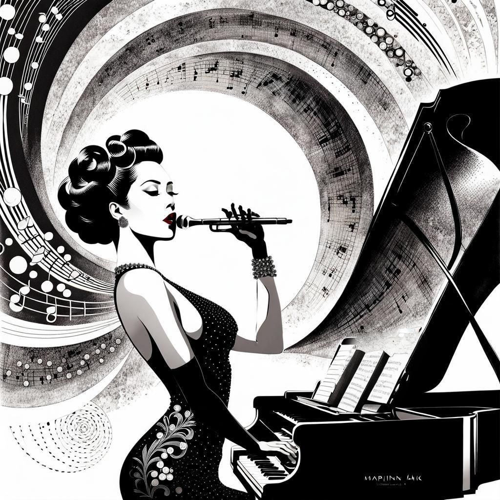 Jazz Singer Ink Drawing in Art Deco Style