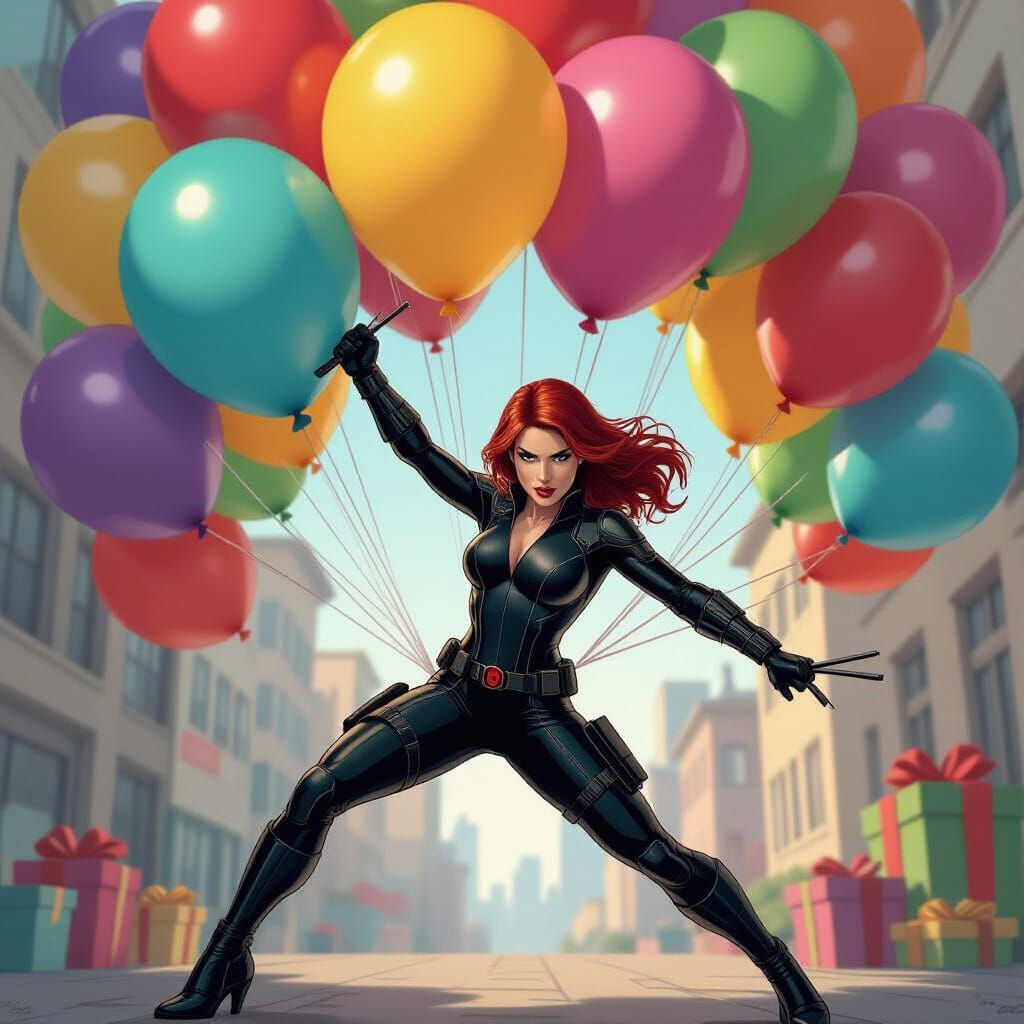 Black Widow Crushing Balloon, Comic Book Style