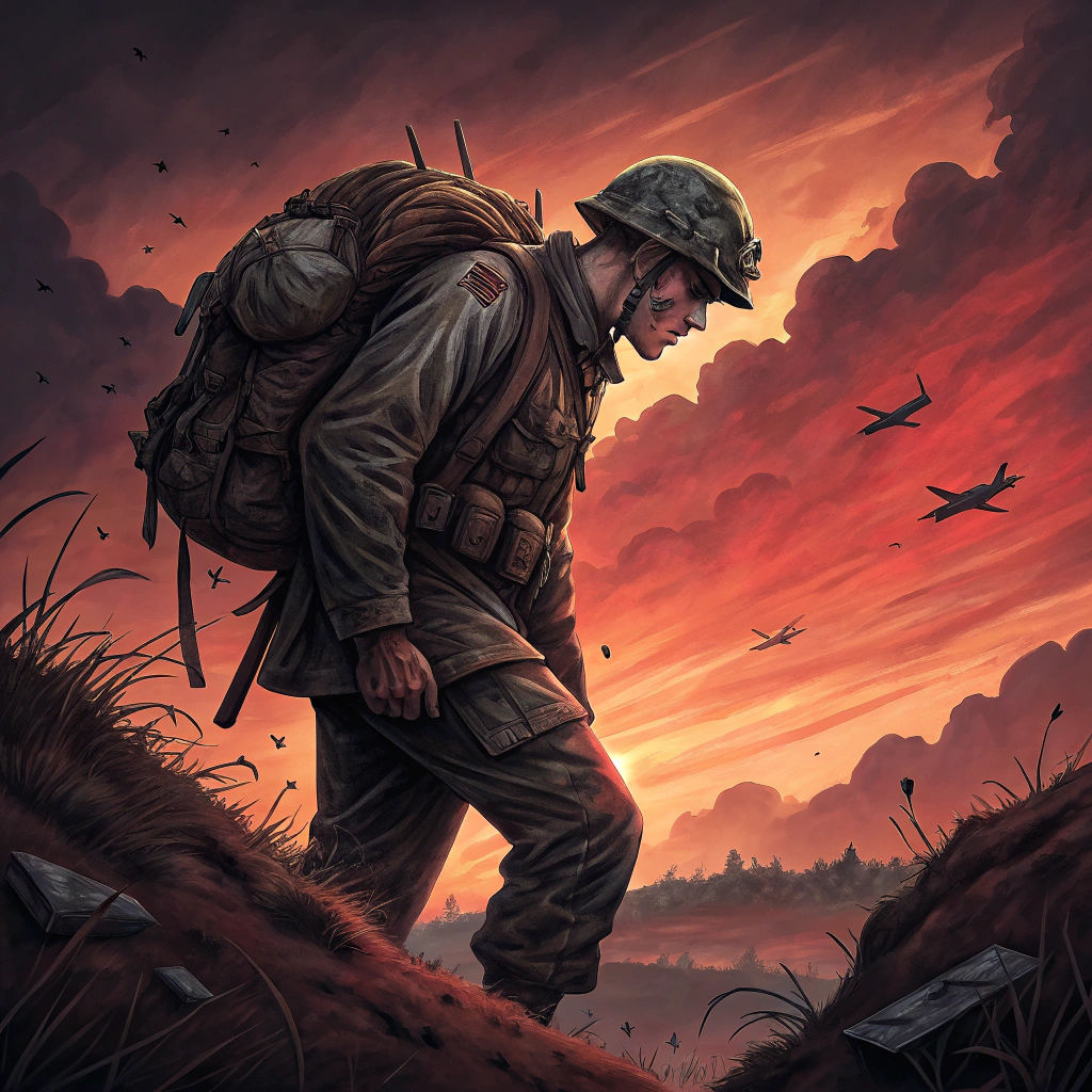 Weary Soldier's Burden Under Crimson Skies