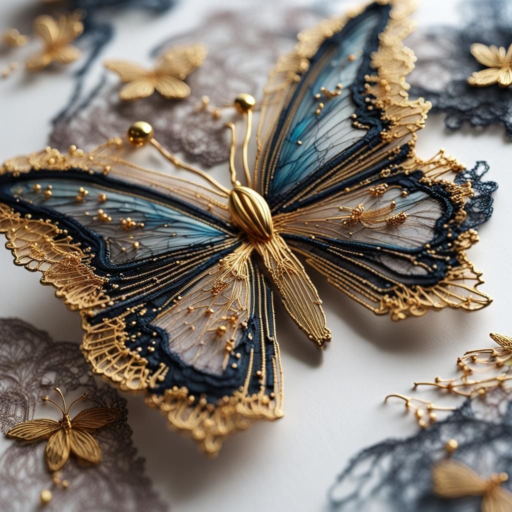 Goldwork technic embroidered butterfly brooch