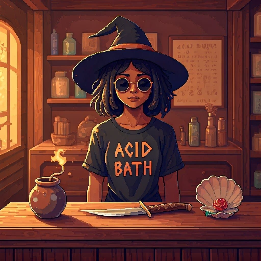 Mystical Apothecary Shop Scene in Pixel Art Style