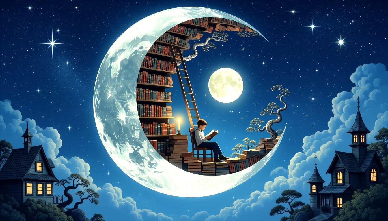 Enchanted Moon Library with Boy Reading by Candlelight