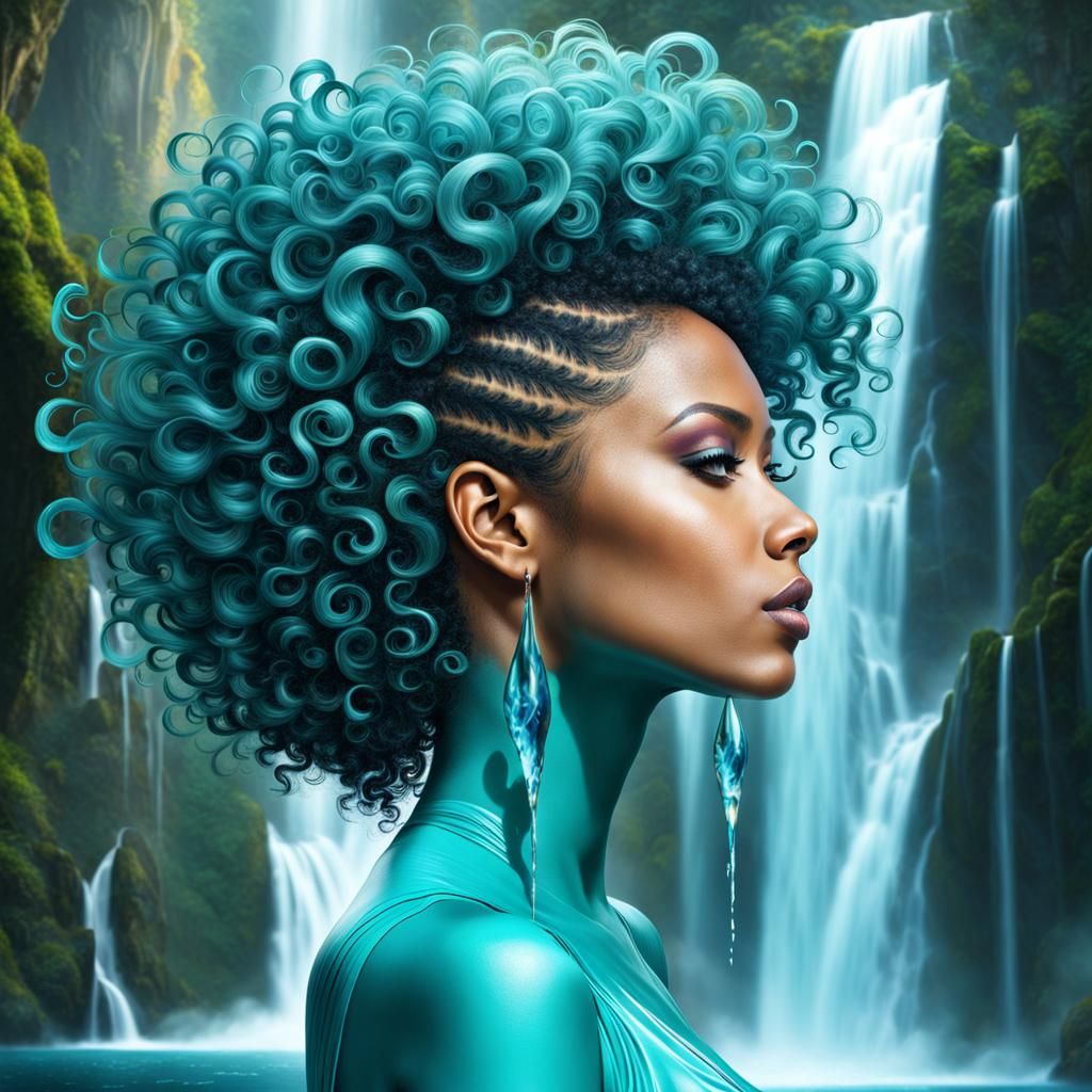 Surreal Teal Afro with Waterfalls Concept Art