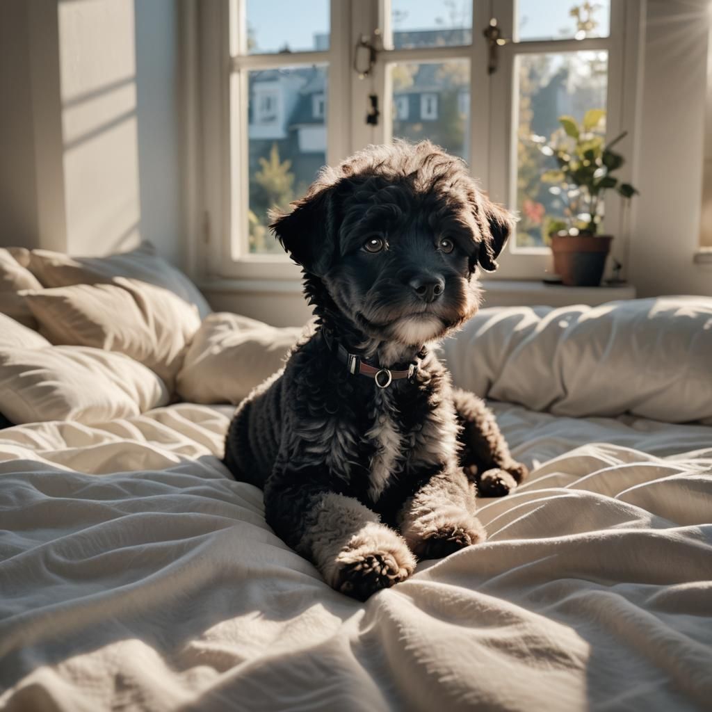 Sleepy Black Bichon Frise Puppy in Sunlight