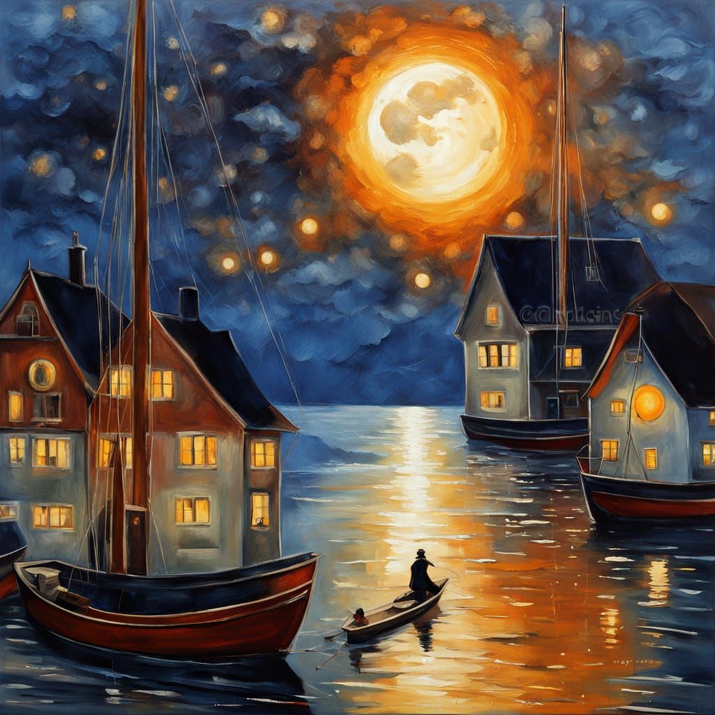 Old Cat by Moonlit Harbor in Picturesque Style