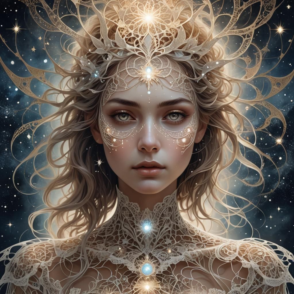 Ethereal Woman with Star-Filled Hair in Fractal Lace