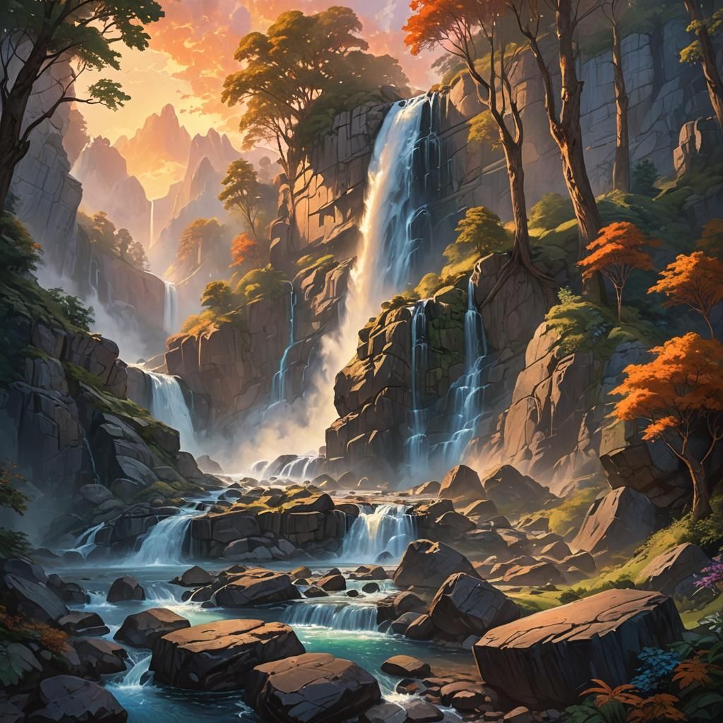 Majestic Waterfall Sunset: Fantasy Concept Art