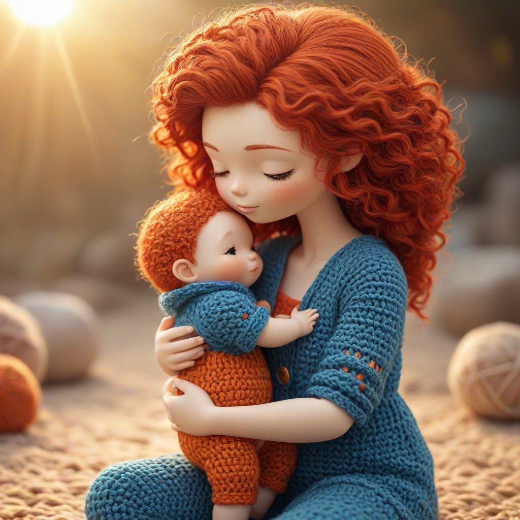Whimsical Crocheted Baby Hugs Mother in Sunset Light