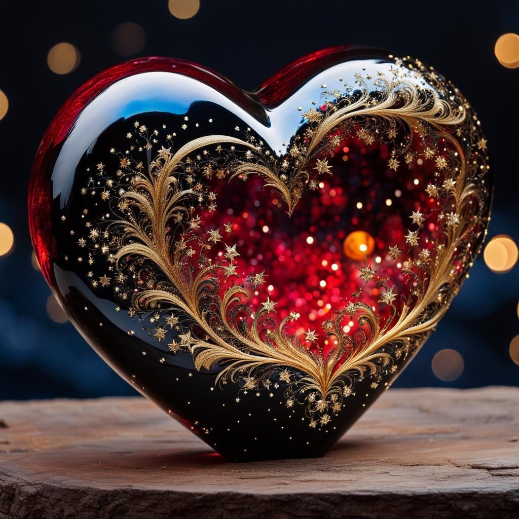 Elegant Glass Heart Sculpture with Gold Sparkles
