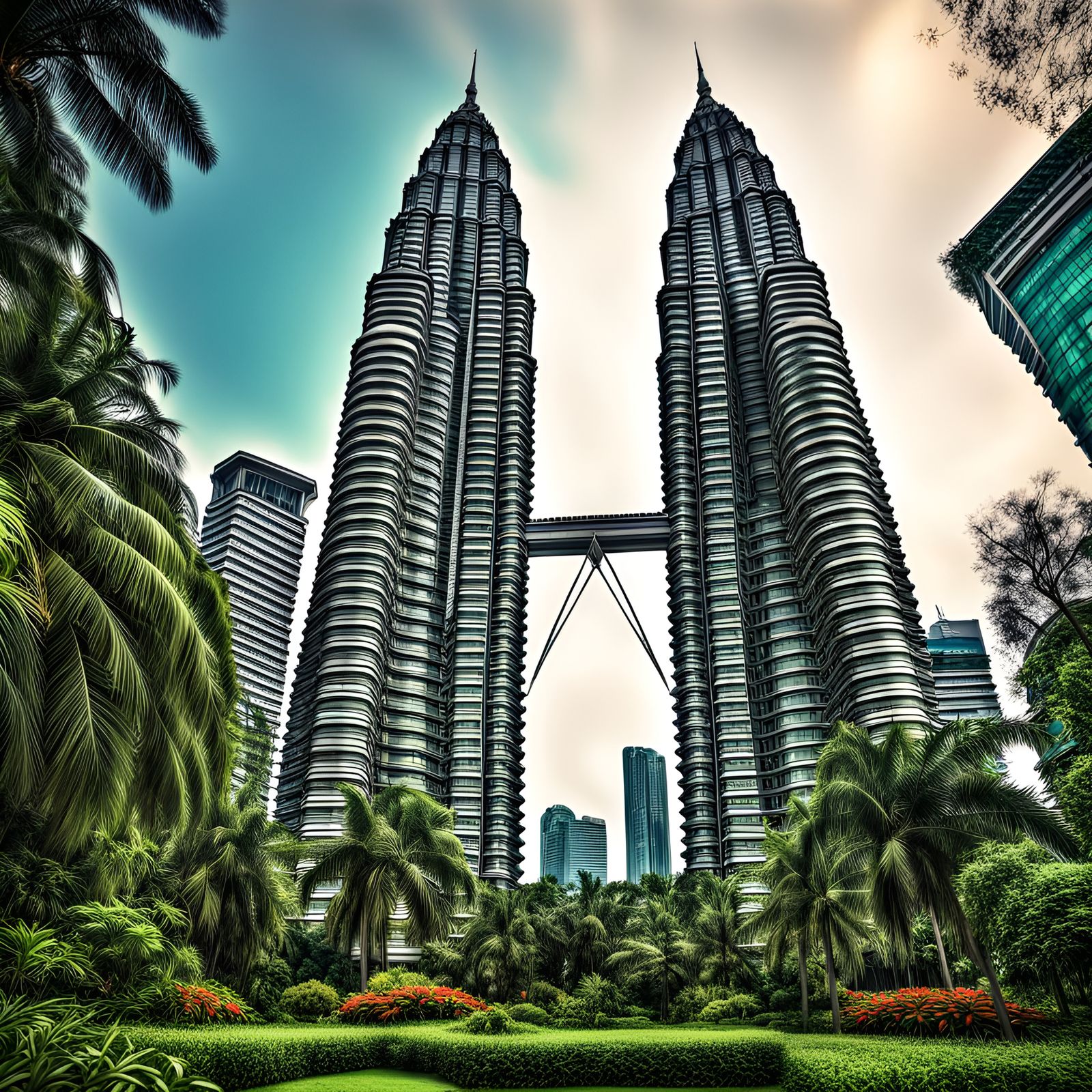 Futuristic Petronas Towers in Lush Gardens: Digital Art