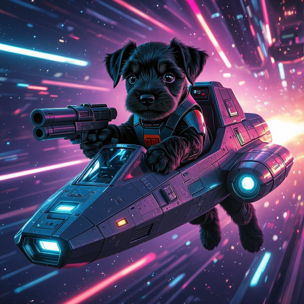 Schnauzer Puppy as Samus Flying Gunship in Neon Galaxy