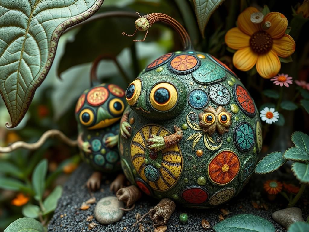 Patchwork Creatures in Gourd Tree: Fantasy Art