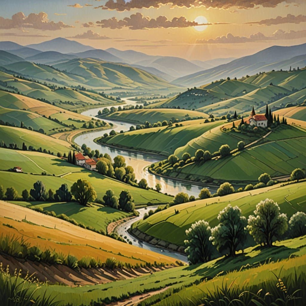 Serbian Landscape Oil Painting at Golden Hour