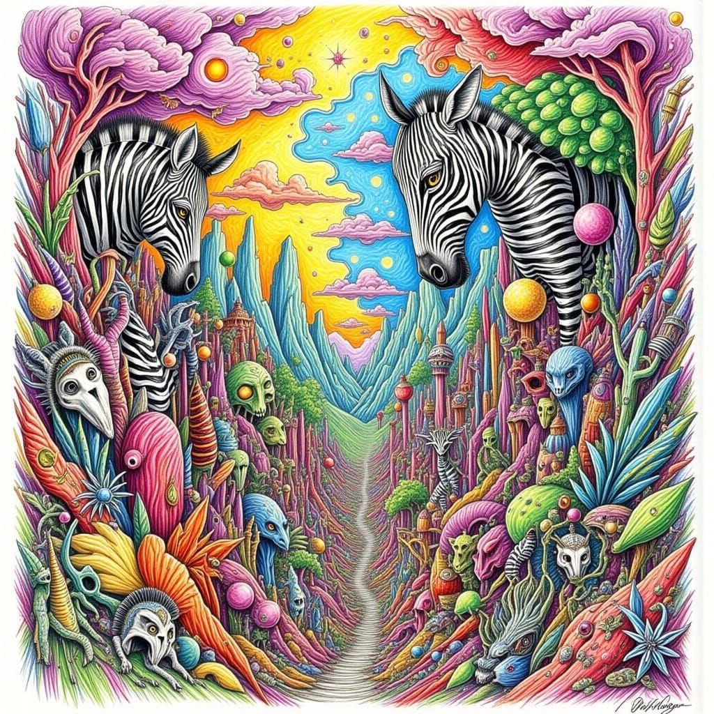 Vibrant Zebra Striped Fantasy World in Cyberpunk Style