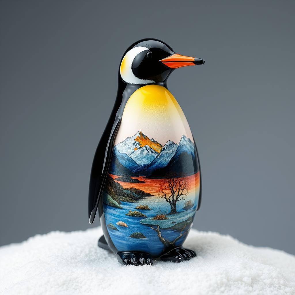 Enameled Glass Penguin in Landscape Art