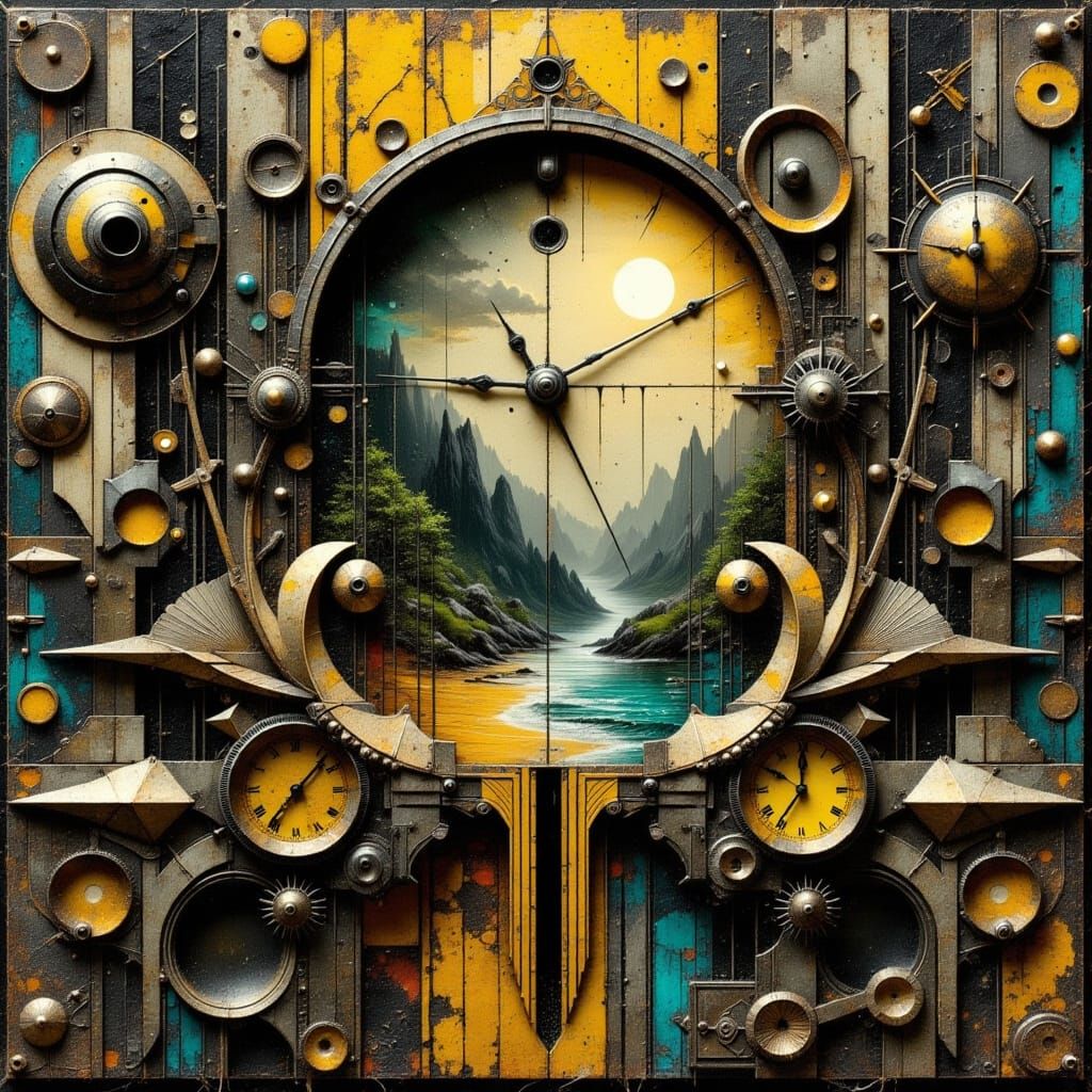 Ancient Timekeeping Device in a Futuristic, Dystopian Style