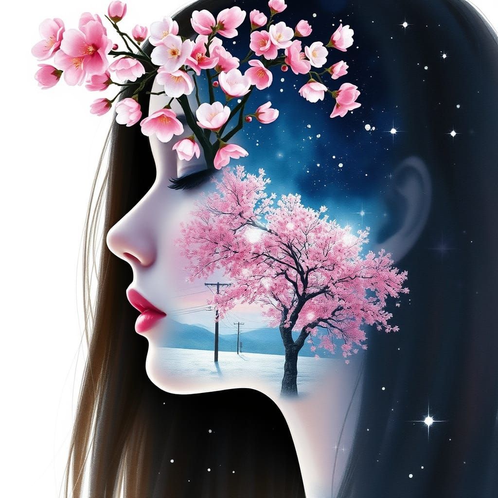 Woman's Face Filled with Cherry Blossoms and Stars