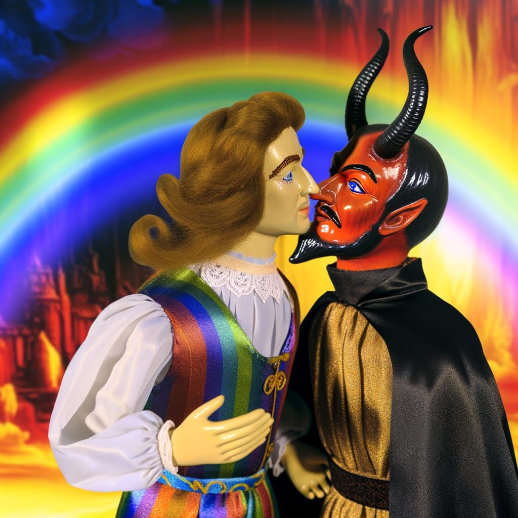 Rainbow-Clad Religious Figure Kissing Symbol of Evil