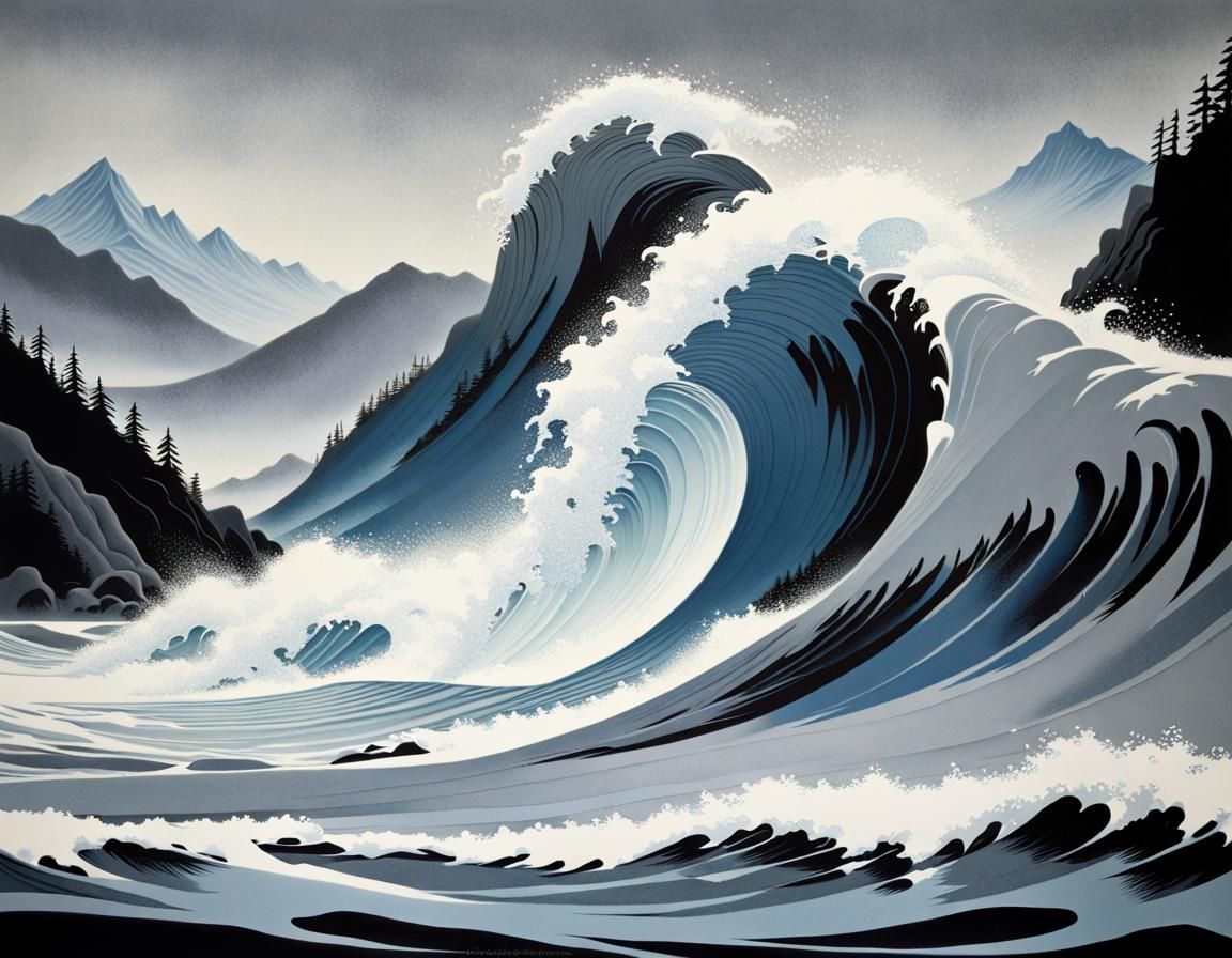 Large White Wave Crashing Against Shoreline. Style of Eyvind...