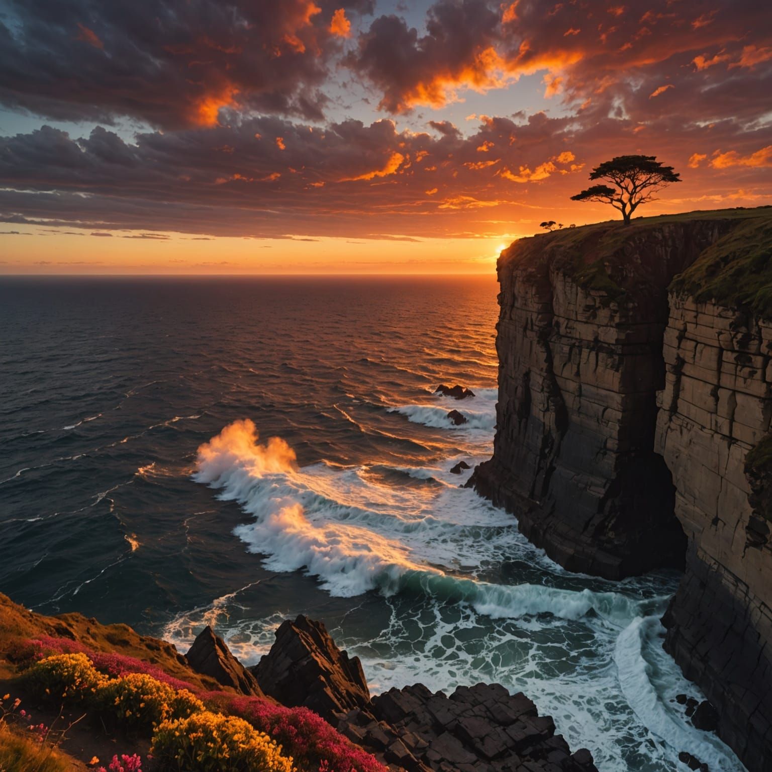Dramatic Sunset Over Crashing Waves on a Rocky Shore
