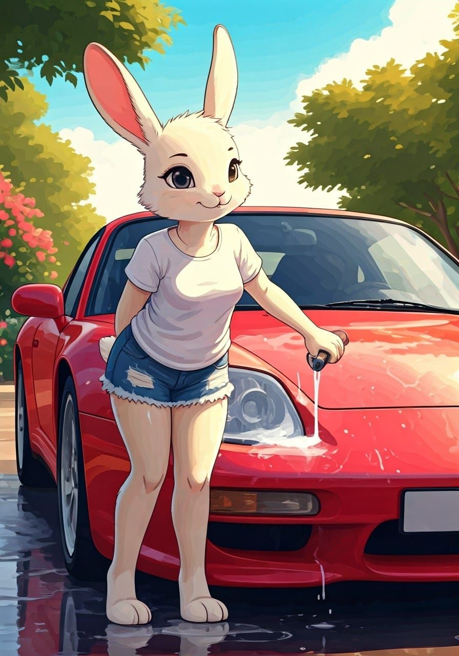 Rabbit Girl Washing Car in Dreamy Pop Surrealism