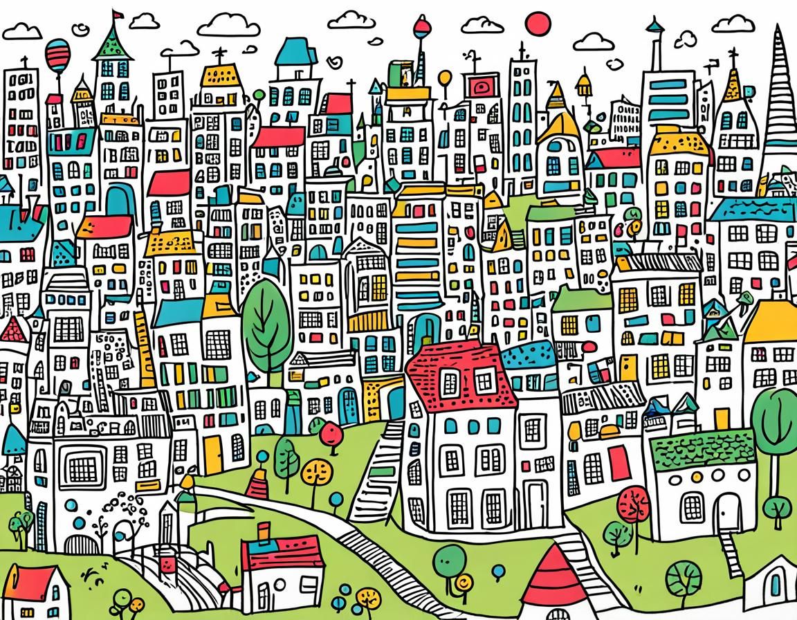 Whimsical Doodle City with Cartoon Buildings