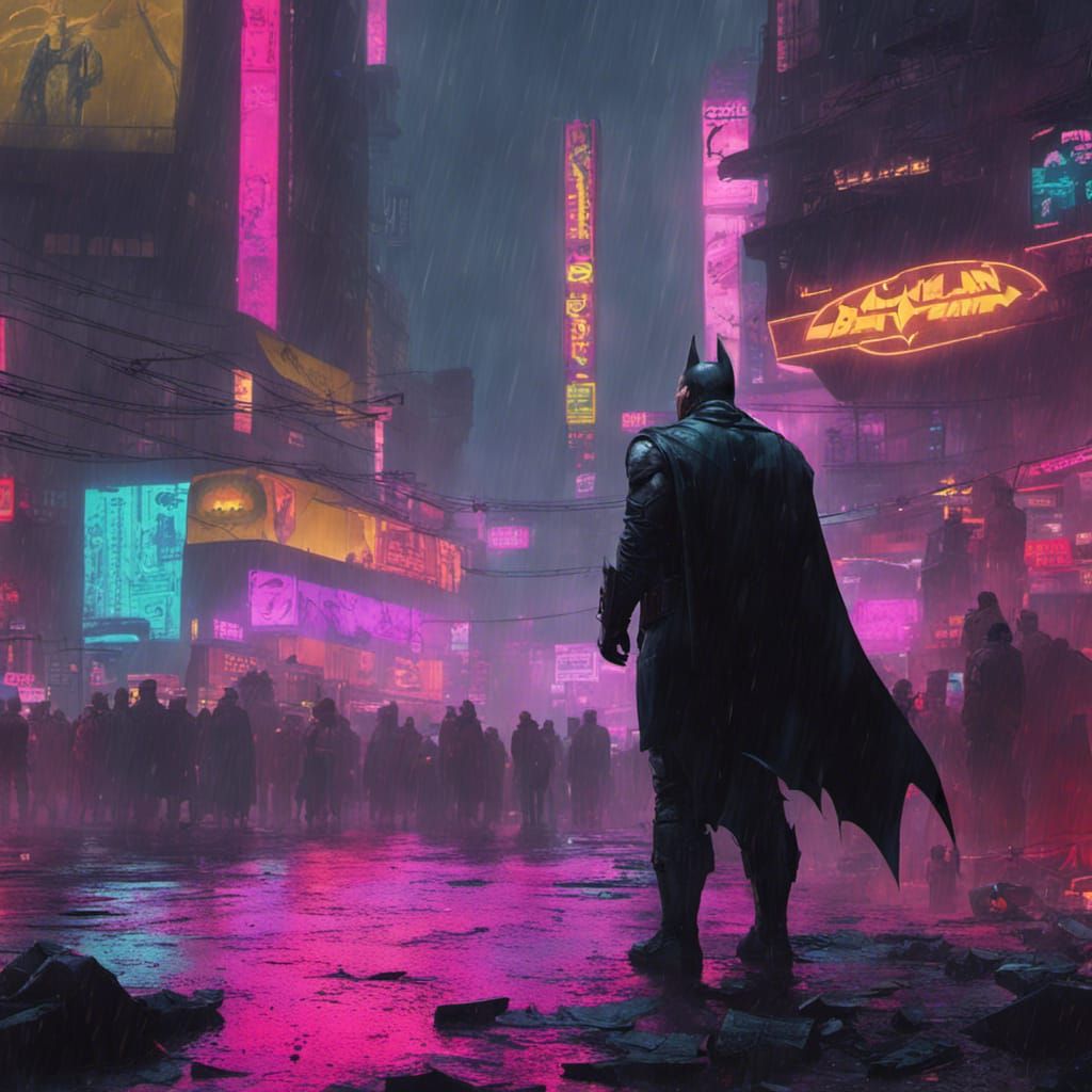 Cyberpunk Batman in Rainy City Square