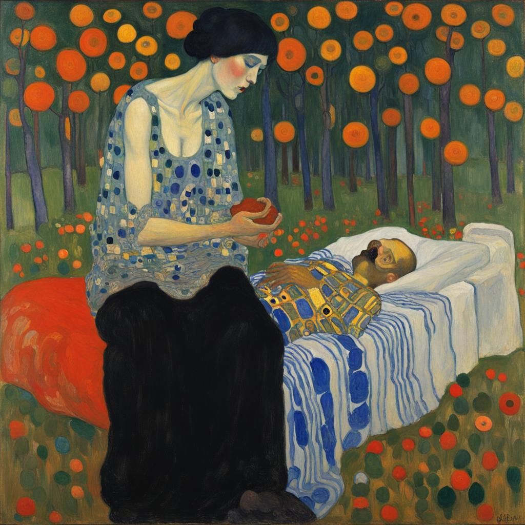 Death and Life: A Klimt-Inspired Gouache Painting