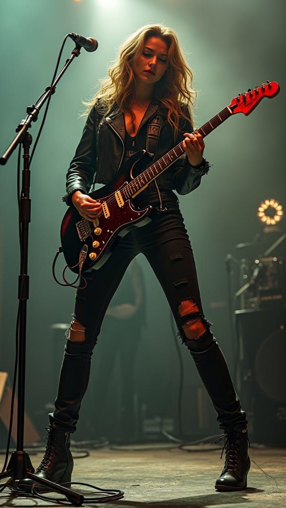 Female Rock Icon in Edgy Stage Pose with Guitar