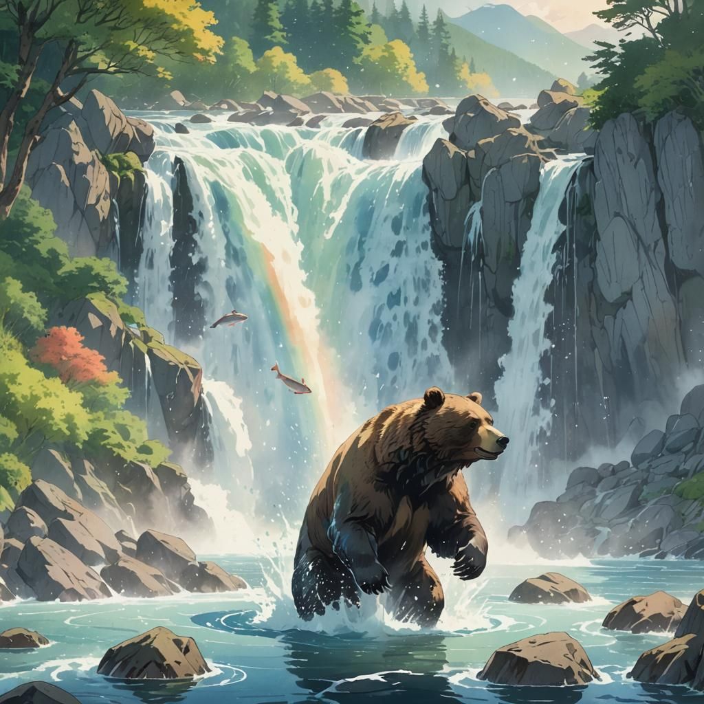Bear Catching Salmon: Anime Watercolor Scene
