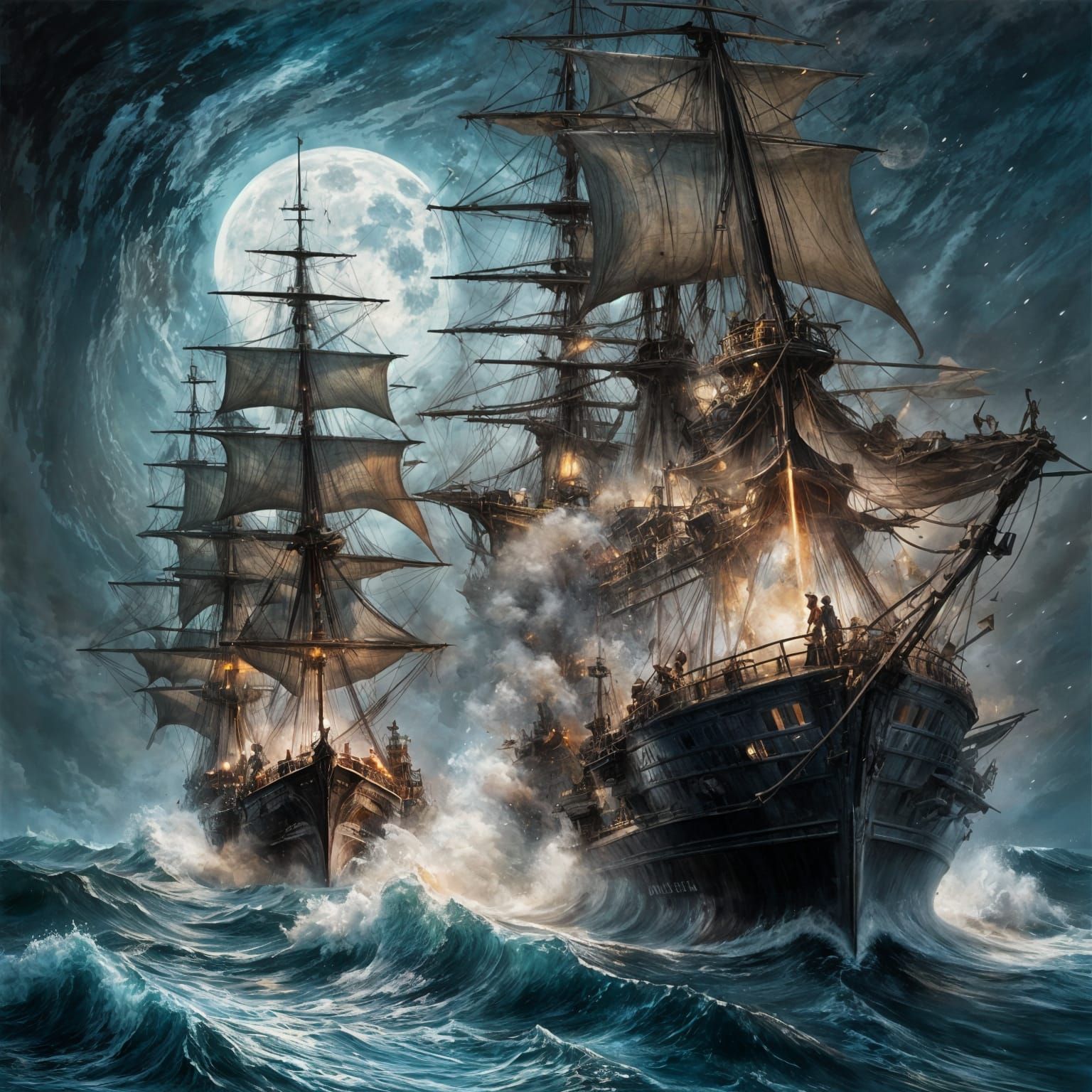 Naval Battle Under Moonlight, Digital Oil Painting