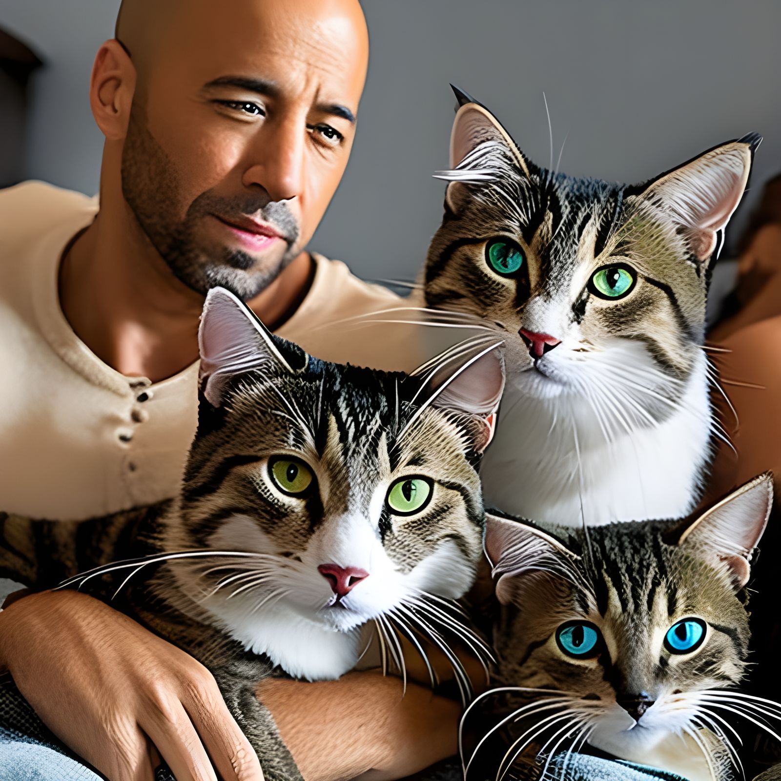 Vin Diesel Surrounded by Cats: Detailed Pencil Sketch