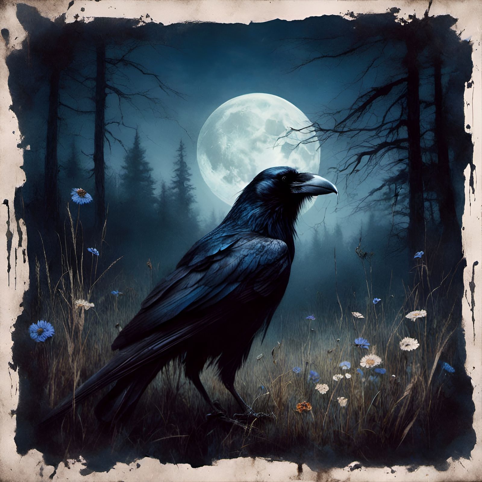 Moonlit Raven in Ominous Forest: Macabre Chiaroscuro